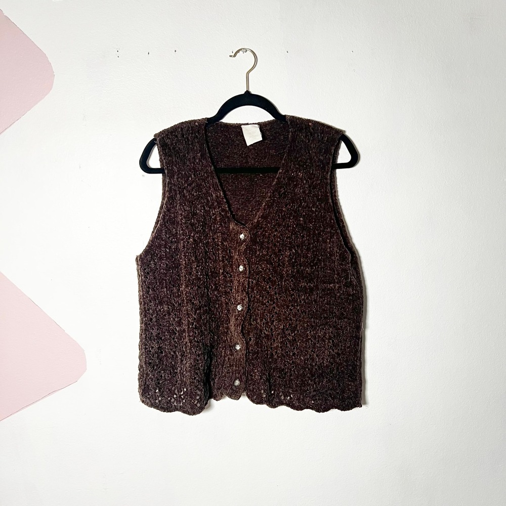 Vintage Brown Vest Medium Chenille Crochet Retro Fall Cottagecore 90s